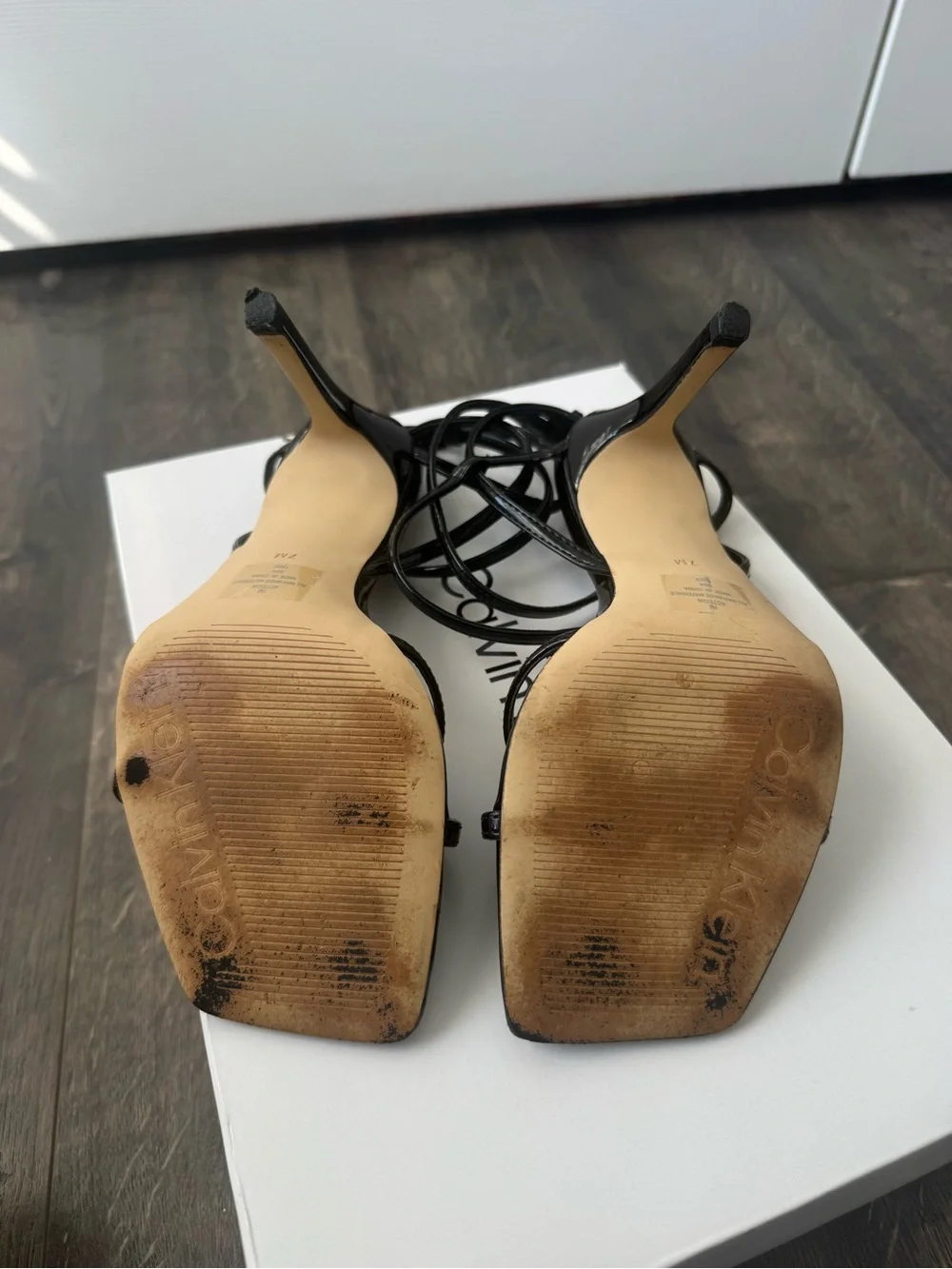 Calvin Klein Black Patent Strappy Square-Toe Heels